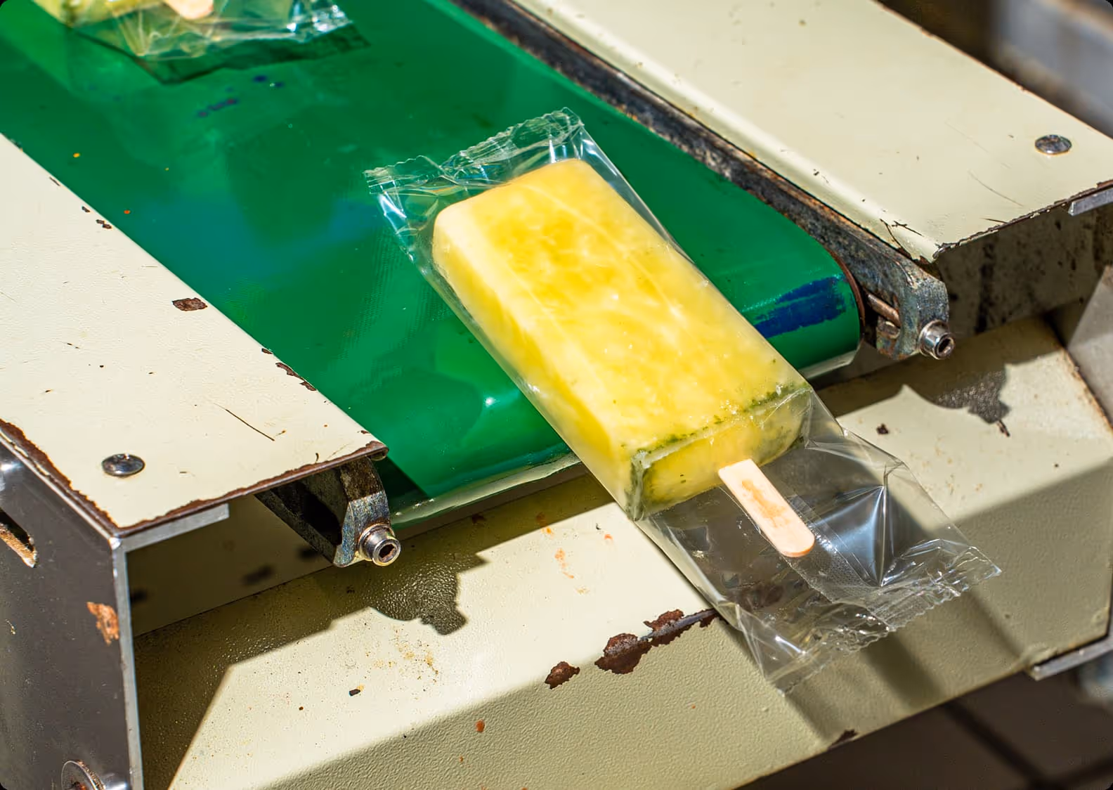 Yellow popsicle in clear plastic wrapper on a green conveyor belt in a manufacturing setting.