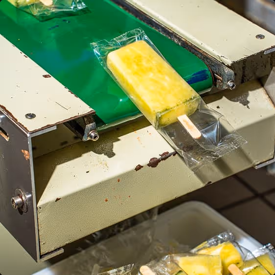 Yellow popsicle in clear plastic wrapper on a green conveyor belt in a manufacturing setting.