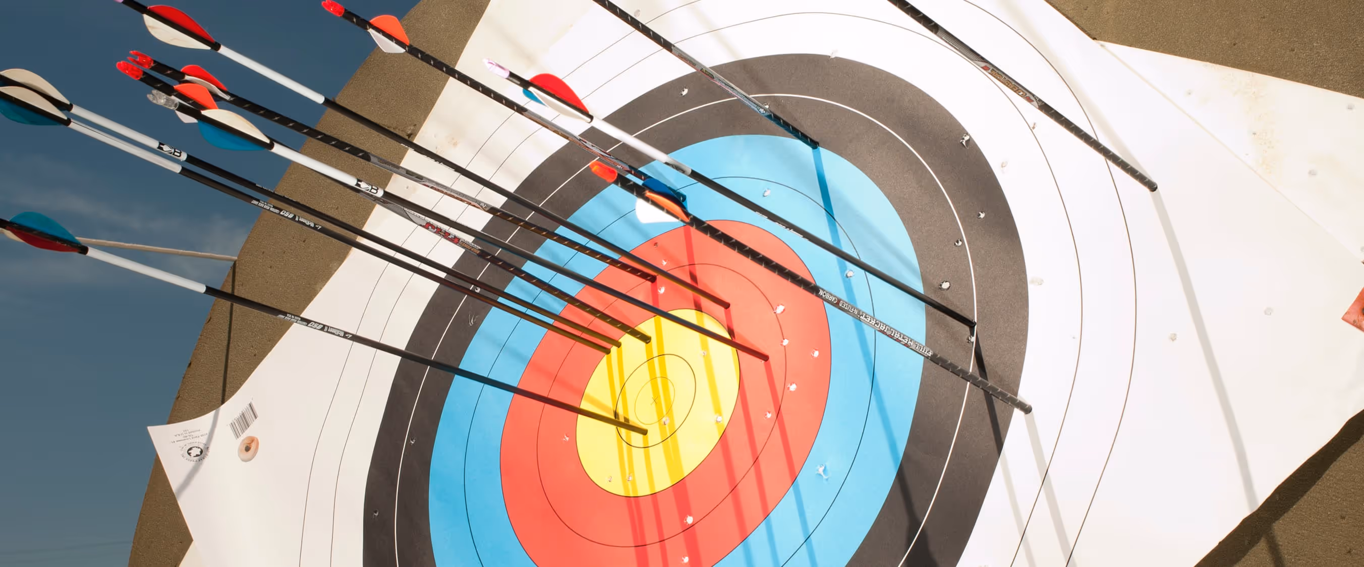 Archery target with multiple arrows clustered around the bullseye in an outdoor setting.