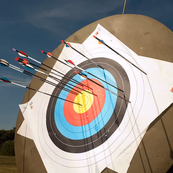 Archery target with multiple arrows clustered around the bullseye in an outdoor setting.