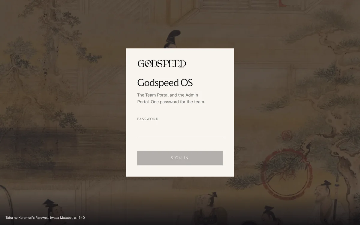 The Godspeed OS sign-in page over the painting God Speed by Edmund Blair Leighton